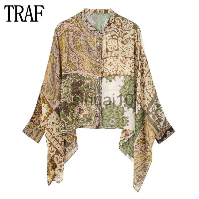 Women's Blouses Shirts TRAF Print Cape Blouse Female Boho Button Up Shirt Women Summer Semi Sheer Shirts and Blouses Women Long Sleeve Patchwork Top J230621