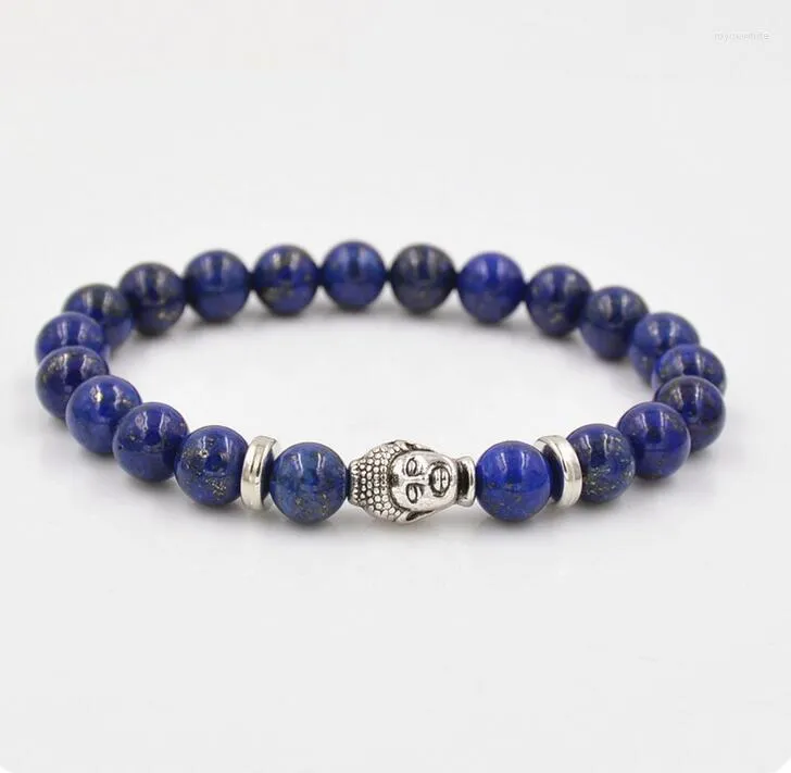 Bracelets porte-bonheur BPPCCR Lapis Lazuli pierre 8mm tête de bouddha métal perlé Chakra Bracelet perles de prière bijoux hommes femmes Pulsera