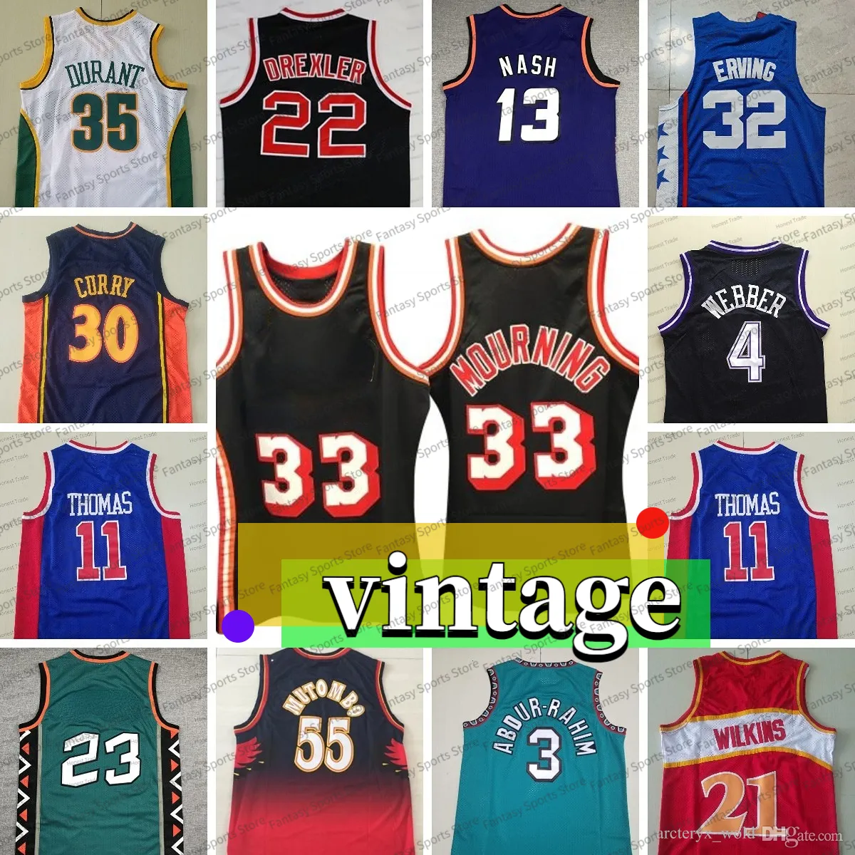 Hommes 35 Kevin Durant Basketball Jersey Dominique Wilkins 55 Dikembe Mutomb 33 Alonzo Mourning 3 Shareef Abdur-Rahim Webber Patrick Ewing Cousu Hommes Chemises Classique