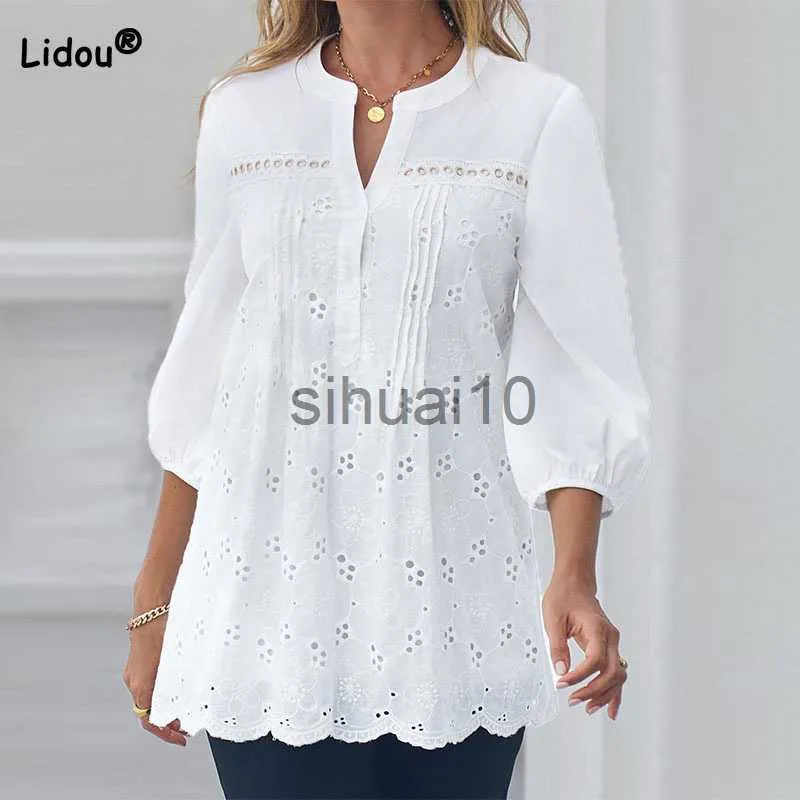 Женские блузкие рубашки Весенняя летняя одежда для женщин с белым вырезом V-образного выхода для женщин.