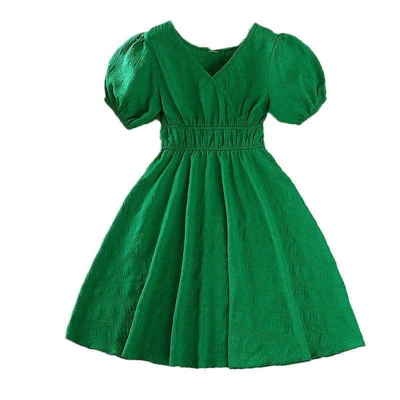 Girl's Dresses Kids Dress For Girls 8-12Year Green Bubble Sleeves V-Neck Dress SweetStyle AA230531