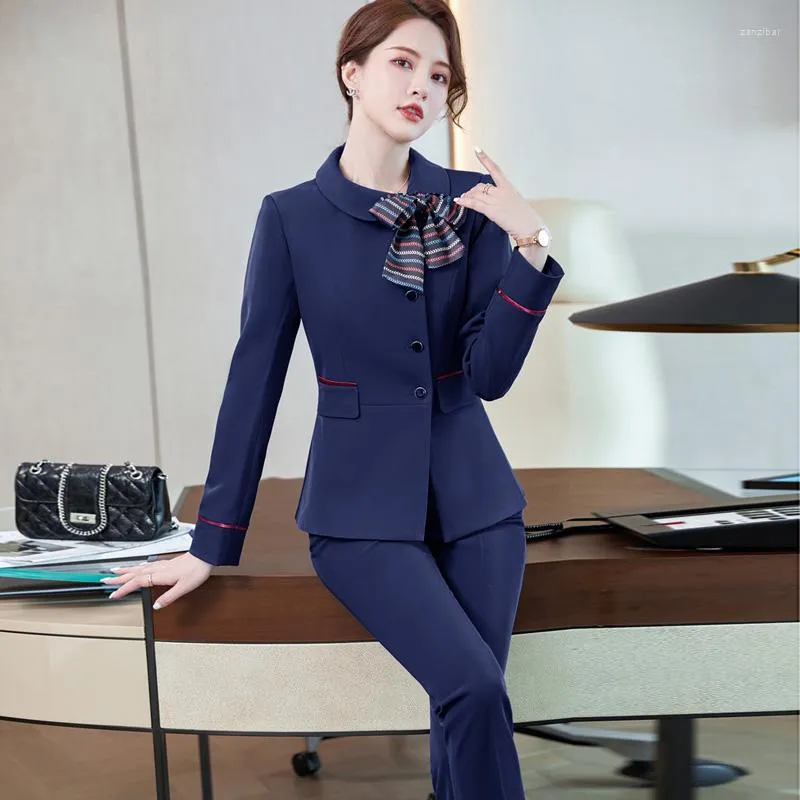 Femmes deux pièces pantalons mode pantalons femmes affaires costumes pantalon et veste ensembles bleu marine Blazer dames travail bureau uniforme Styles