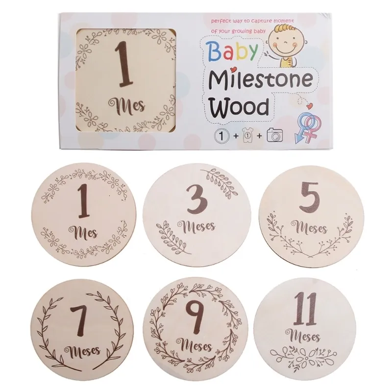 Keepsakes 6 Pcs/Set Handmade Baby Milestone Cards born Monthly Recording Cards Spanish Language Letters Flower Print Pocards Infants 230620