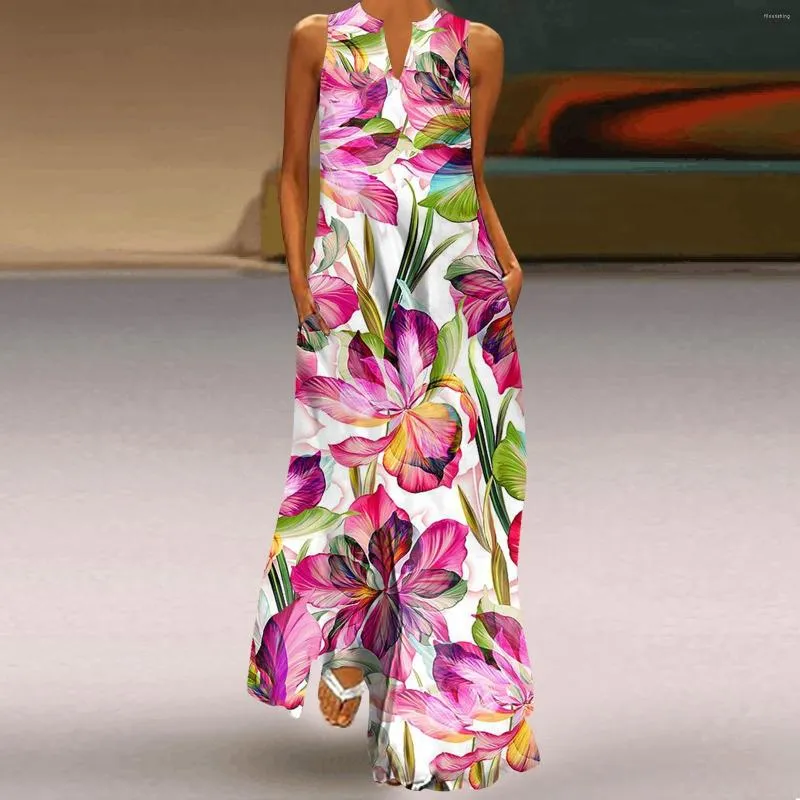Casual Kleider Weibliche Strand Party Kleid Ärmelloses Drucken Maxi Sommer Sexy Outfits 2023 Plus Größe Bohemian Lose Elegante Blumen