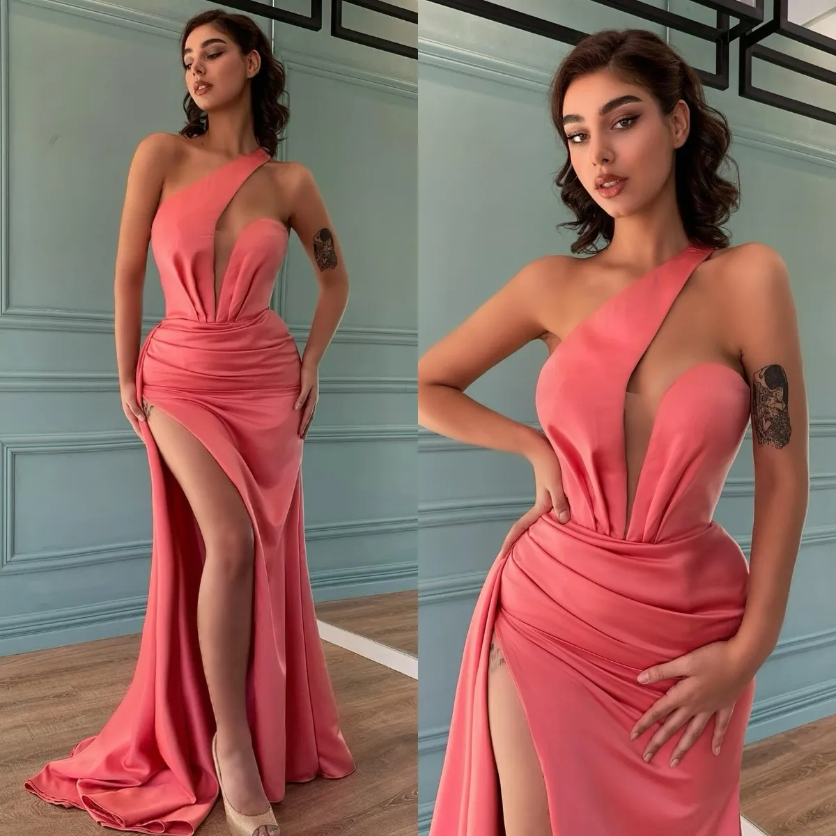 Mode corail rose robes de bal col en V robes de soirée fente plis formel tapis rouge longue occasion spéciale robe de soirée