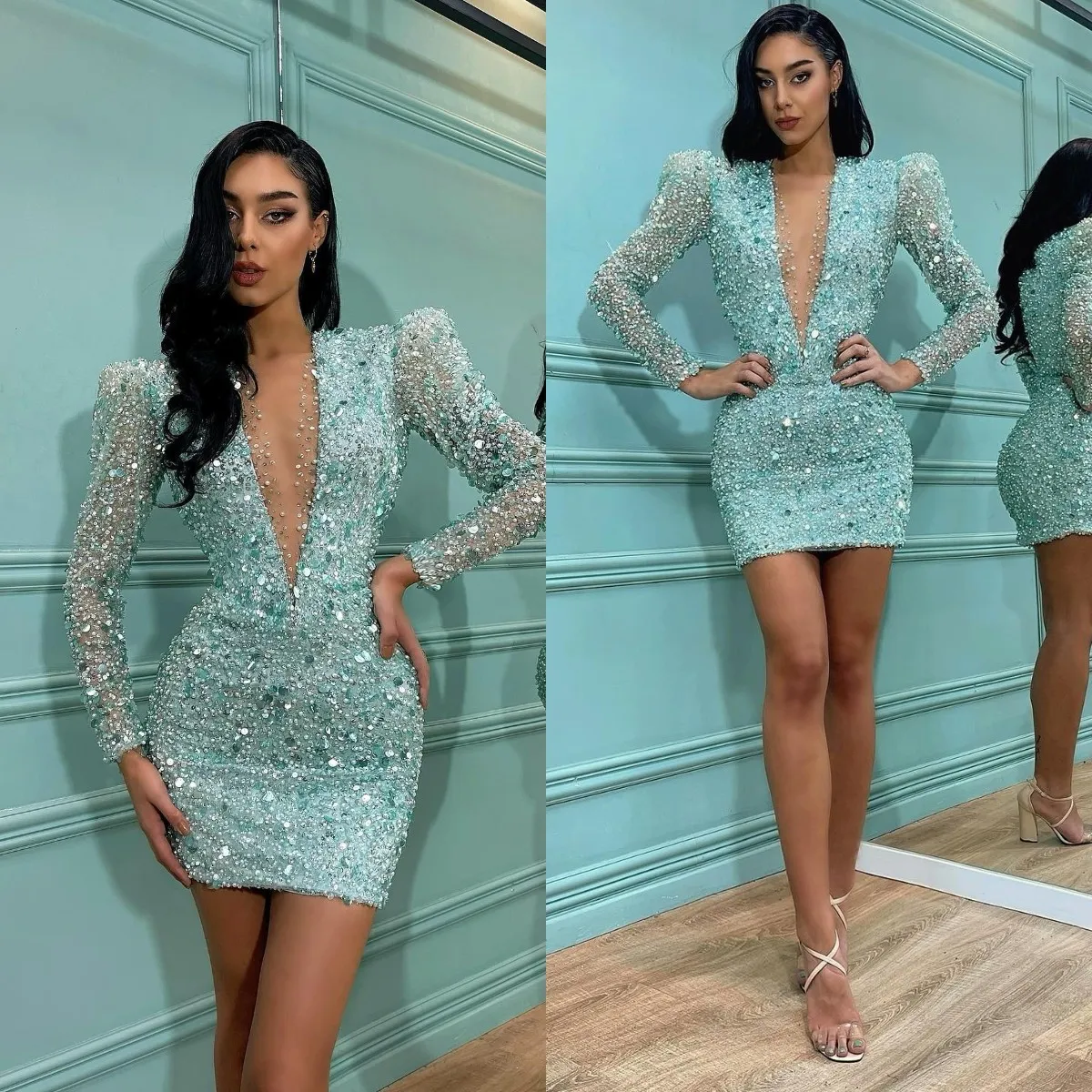 Sexig Mint Green Glitter Cocktail Dress Long Sleeves Plunging V Neck Short Prom Dresses paljetter Mini Party Homecoming Special Occasion Dress