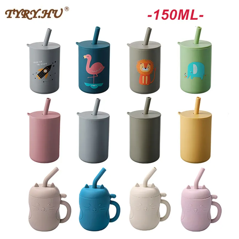 Tasses Vaisselle Ustensiles Silicone Bébé Alimentation Verres Paille Tasse enfant Apprentissage Bouteille Anti Leakproof Vaisselle Toddler Eau 230621