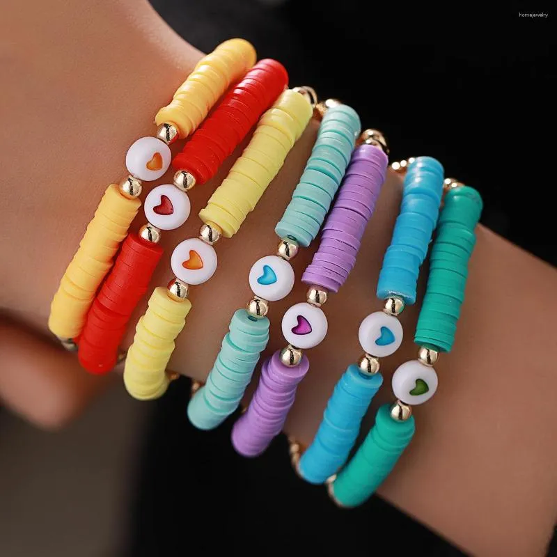 Lien Bracelets Coloré Polymère Argile Disques Bracelet Femmes Mignon Coeur À La Main Réglable Or Couleur Perles Femme Partie Bijoux