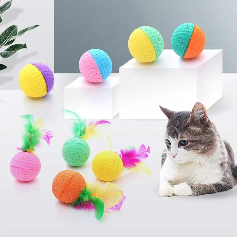 ペットおもちゃの猫用品ボールおもちゃラテックスフォームボールとフェザーペットインタラクティブフェザーニブルベントエラスティックキャットアクセサリー