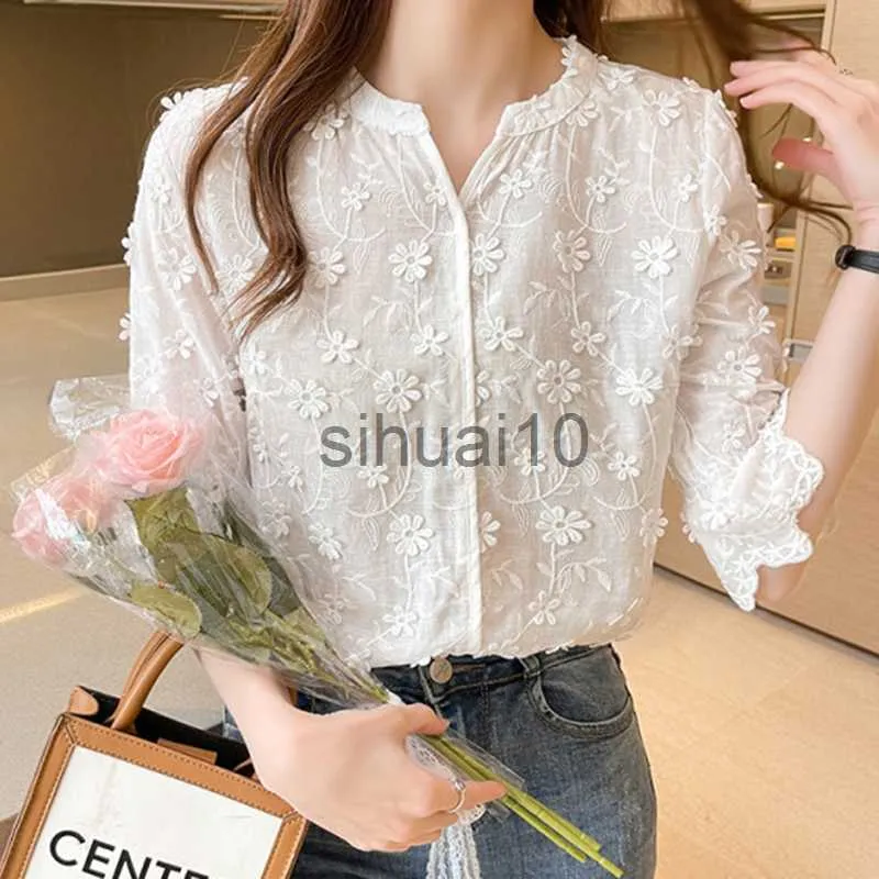 여성용 블라우스 셔츠 여름 상판 레이스 블라우스 여성 자수 꽃 면화 흰 셔츠 2023 패션 캐주얼 짧은 슬리브 여성 셔츠 Blusas 9638 J230621