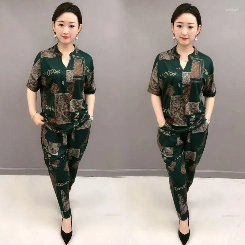 Kvinnors spårdräkter Kvinnors modedräkt 2023 Summer Loose Korean Style Casual Plus Size Clothing Short Sleeve Tops Pants Two Piece Set