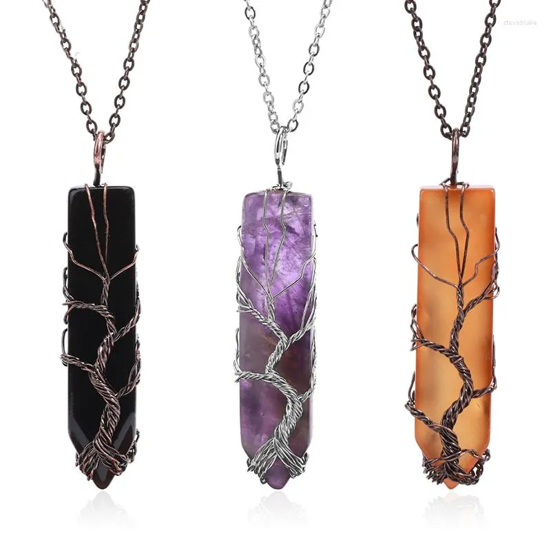 Pendant Necklaces Vintage Sword Shaped Natural Crystal Rose Quartz Opal Wire Wrap Tree Of Life Reiki Healing For Women Men Charm