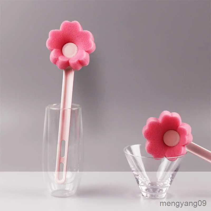 Planters Pots Cup Brush Long Handle Sponge Flower Cute Pink Glass Pot Brush for Wineglass Bottle Coffe Tea Glass Cup Kitchen Cleaning Tools R230621