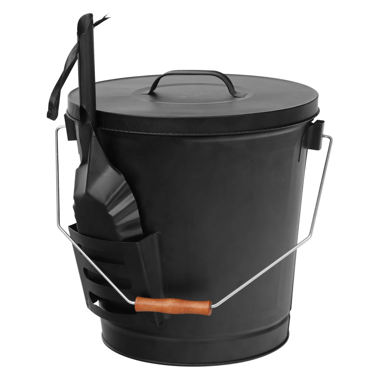 Black Metal Fireplace Ash Bucket With Shovel Lid Cover Fire Pits Stove Sturdy