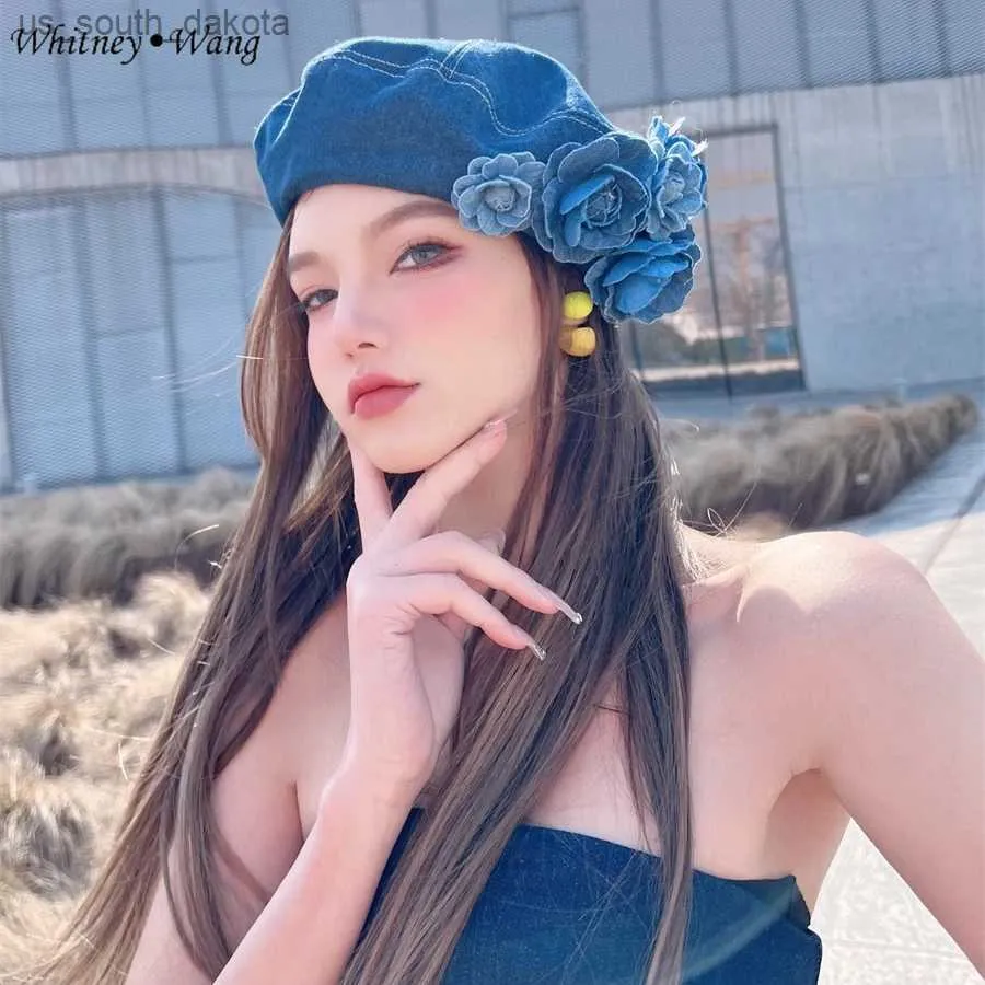 WHITNEY WANG Designer Estilo 2023 Moda Streetwear Doce 3D Floral Denim Boinas Mulheres Chapéu Elegante Lady Arts cap L230523