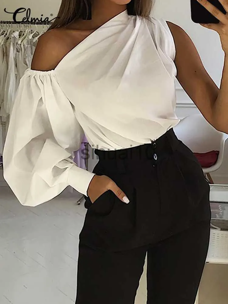 Kvinnors blusar Skjortor Asymmetriska blusar Kvinnor 2023 Summer Off Shoulder Blusas Female Fashion Lantern Long Sleeve Shirts One Shoulder Tops J230621