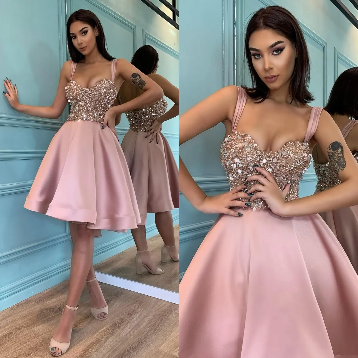 Créateur de mode rose robes de bal bretelles paillettes robe de cocktail plis longueur au genou formel tapis rouge occasion spéciale robe de soirée