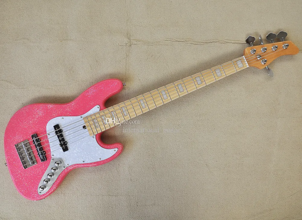 5 струны сияющая розовая электрическая басовая гитара с кленовым грифом белой жемчужной пикгардом