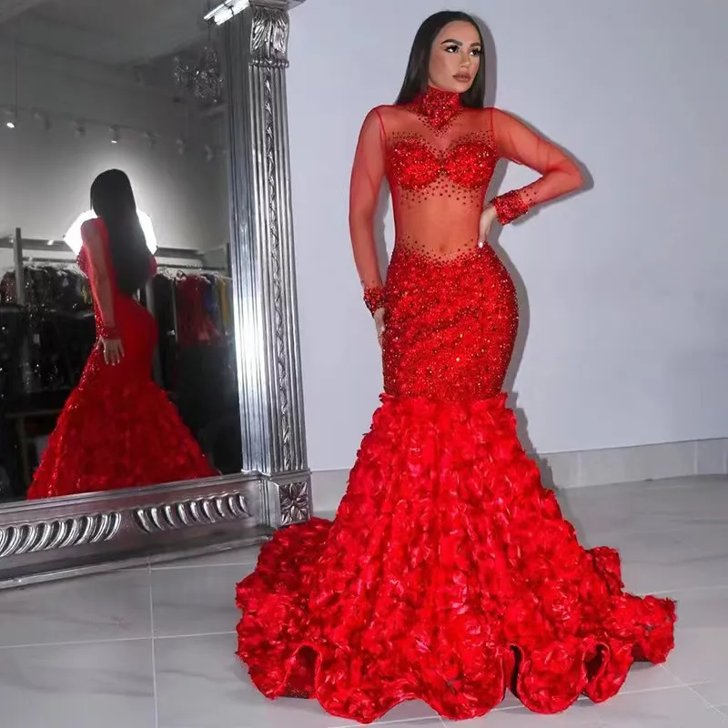 Save Big on Bulk Diamond Mermaid Prom Dresses Mermaid Style Prom Dresses:  Elegant Sequin Evening Gown, High Neck, Long Sleeve Formal Dress With 3D