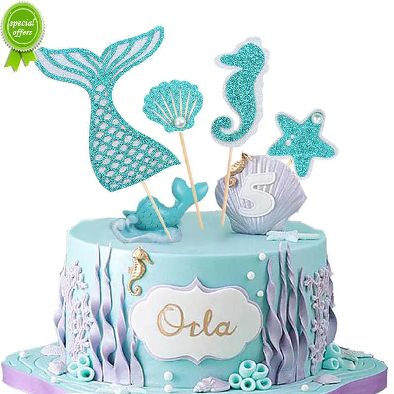 Nuevo 4 unids/set sirena cola estrella de mar pastel Toppers bandera niños cumpleaños fiesta decoraciones Cupcake Topper boda Baby Shower suministros