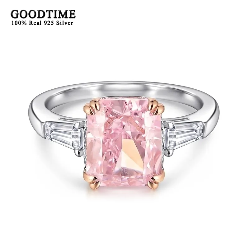 Solitaire Ring Luxury Bride Wedding Ring For Women Pure 100% 925 Sterling Silver Square Pink High Carbon Gemstone Ring Jewelry Accessories 230620