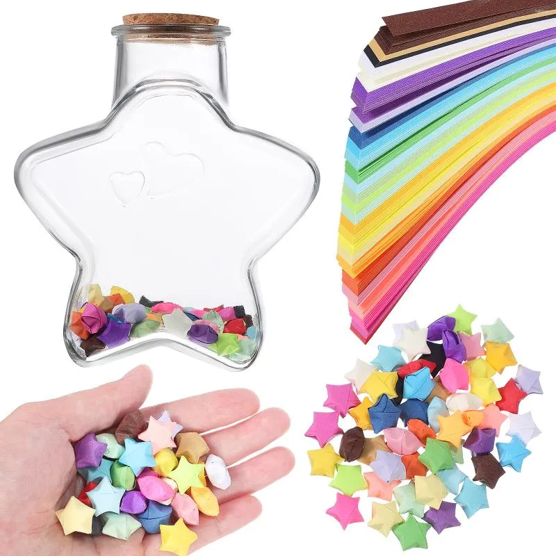 Bouteilles de stockage 540 feuilles Star Folding Paper Origami Jar Set Girly Decor Wishing Bottle DIY Cellophane Strips