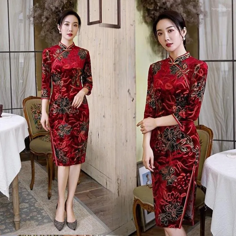 Etnische kleding 2023 moderne dames cheongsam Chinese traditionele qipao-jurk print bloem dames kort slank sexy split plus maat 4xl