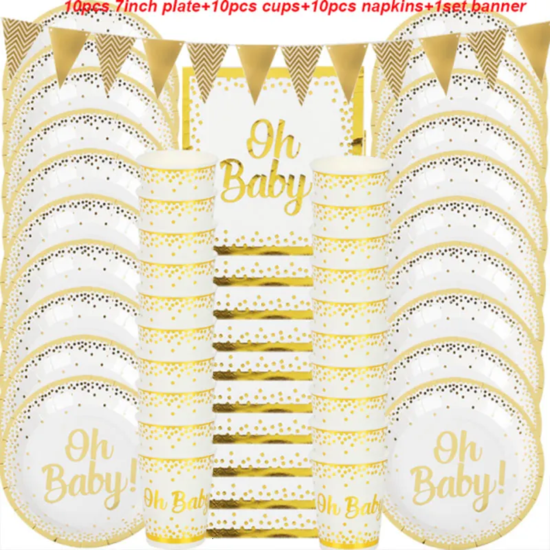 Engångstagning av containrar 31st Oh Baby Shower Party Supplies Table Set Gold Birthday Paper Plates Cup Boy Girl Kön avslöjar dekoration 230620