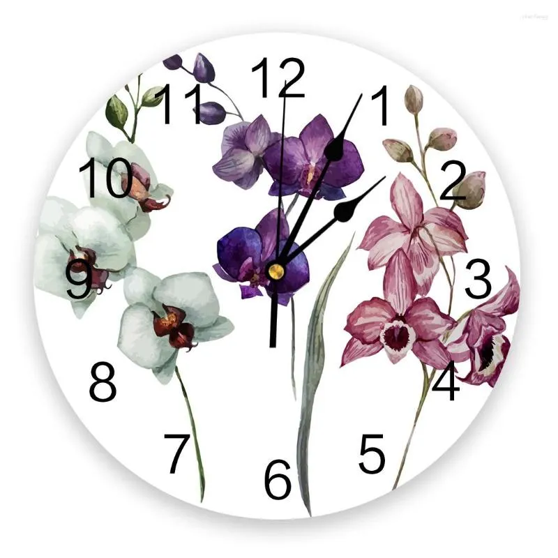 Relógios de parede colorido orquídea flor planta impressão de arte relógio silencioso sem tique-taque redondo para decoração de casa presente