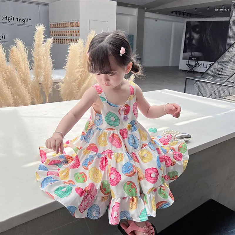 Abiti da ragazza Ragazze Summer Vest Dress Kids Colored Donuts Princess Beach 3-7 anni Cartoon Print Vestidos Abbigliamento alla moda per bambini