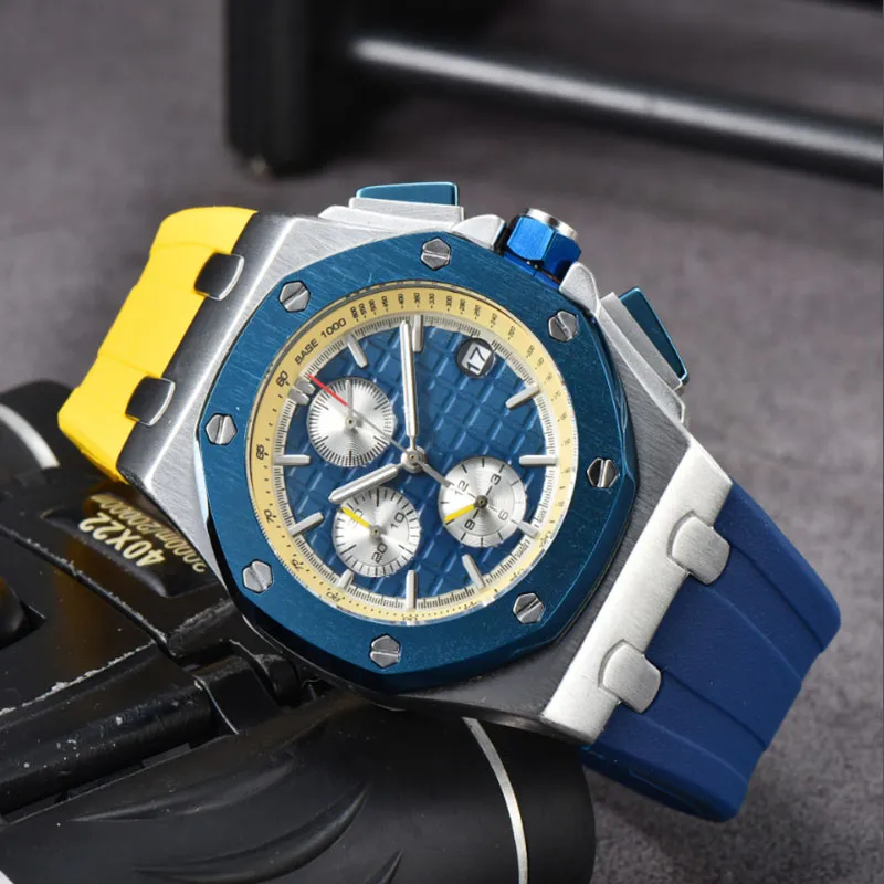 Mens full funktionell armbandsur kvartsrörelse Male Time Clock Watch Rubber Band Sapphire Glass Relogio Masculino Wristwatch