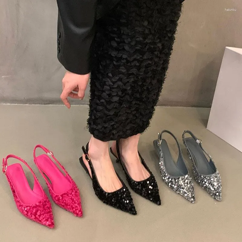 Sandals 2023 Bling Women Sandal Pink Sliver Fashion Pointed Toe Shallow Slip On Ladies Elegant Slingback Shoes Med Heel Pumps