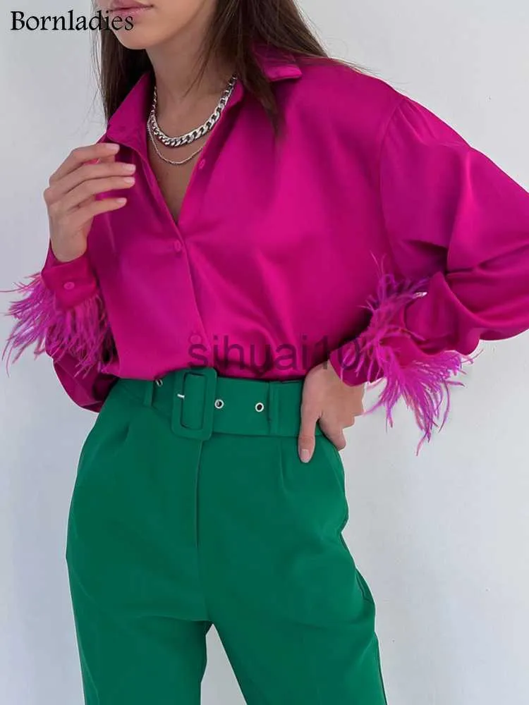 Women's Blouses Shirts Bornladies Feather Cuffs Elegant Women Feather Shirts Rose Pink Oversized Blouses and Tops Splicing Spring Satin Office Ladies J230621