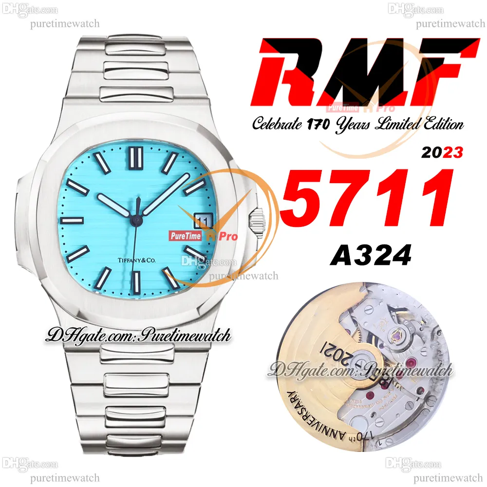 RMF 5711 Célébrez 170 ans A324CS Automatic Mens Watch Limited Edition Tiffan9 Blue Textured Dial Bracelet en acier inoxydable Super Version Reloj Hombre Puretime B2