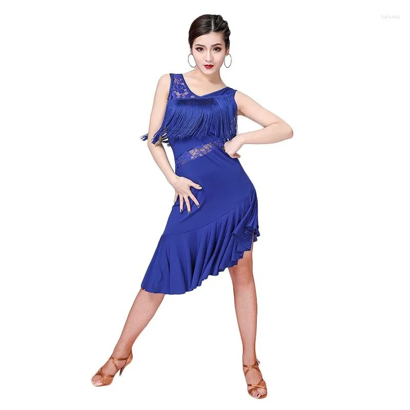 Desgaste de la etapa Vestido de baile latino Mujeres Rendimiento Competencia Borla para salón de baile Salsa Cha Dancewear Práctica LaceDress