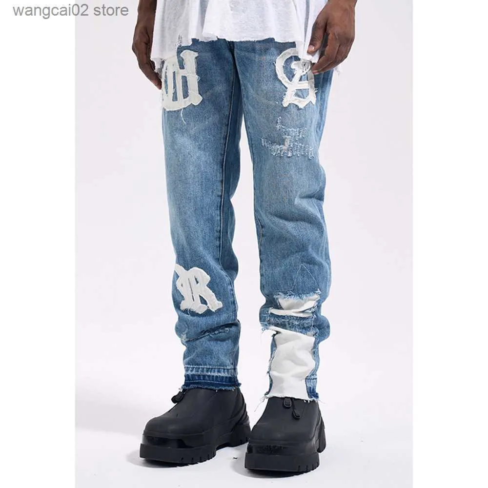 Jeans pour hommes Frog drift Fashion Streetwear High Street REMAKE y2k Autocollants droits Blue Denim Jeans Pantalons pour hommes homme T230621