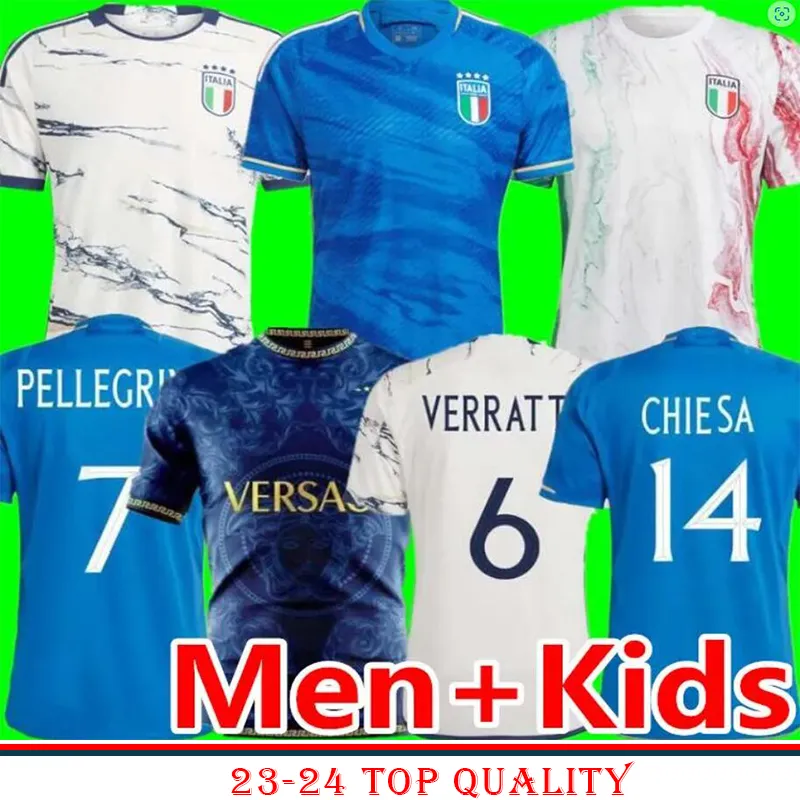 Italien Soccer Jerseys Player Version Maglie da Calcio långärmad Pellegrini Chiesa Barella Italia 2023 24 Fotbollströjor T Kvinnor Män Set Kids Kit Training Uniform