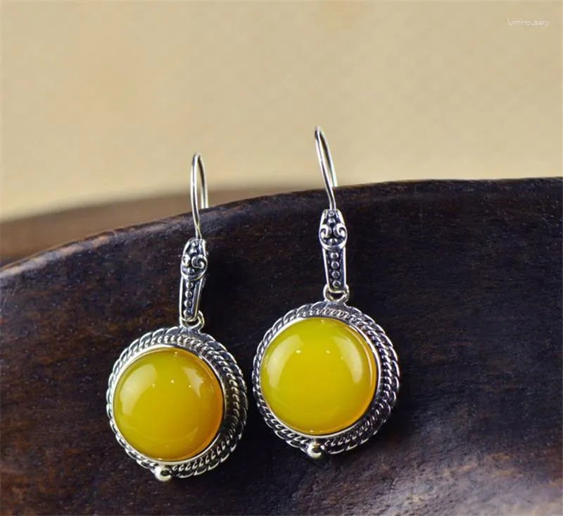 Dangle Earrings LYBUY Vintage 925 Sterling Thai Silver Round Yellow Chalcedony Drop Earring Long Charm Fine Jewelry For Women