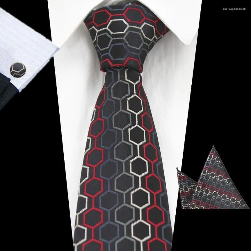 Bow Ties Ricnais Fashion 8cm Tie Set Red Gold Dot Plaid Pocket Square Manschettknappar Släpp för män