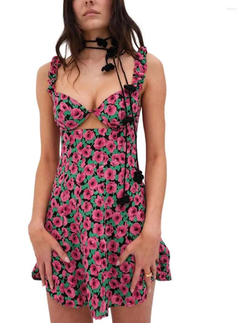 Casual jurken A-lijn mini-jurk met bloemenprint, hartvormige halslijn en uitgesneden details - mouwloze korte tanktop voor dames in de zomer