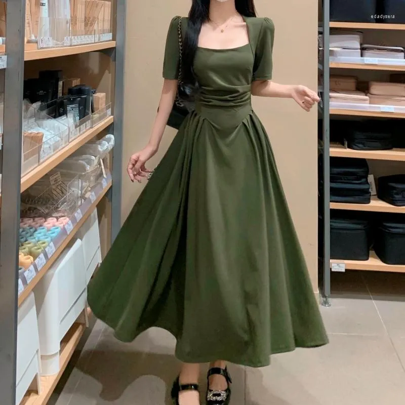 Casual Dresses French Square Neck Shirred Women Ankle Längd Summer Fashion Elegant Harajuku 2xl Overdized Long Kirt Party Black Green