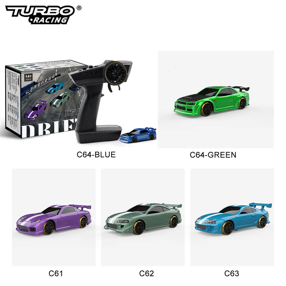 Turbo Racing 1:76 Scale Drift RC Car with Gyro Mini Full Proportional RTR  2.4GHZ Remote Control with 2 Replaceable Body Shell (C64-Green) 