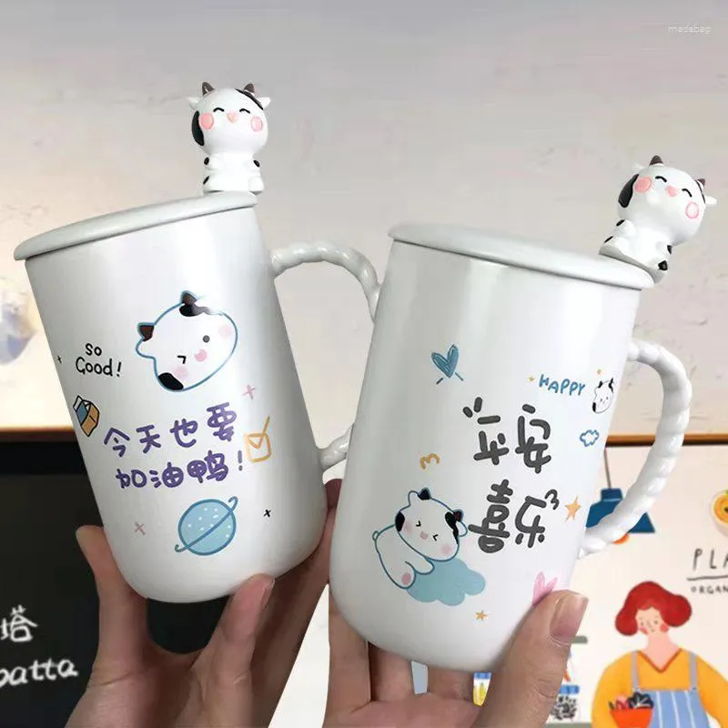 Tasses Mignon Vache Motif En Céramique Tasse Avec Couvercle Et Cuillère Unique Dessin Animé Couple Café Creative 450 ml Lait Thé Bureau Petit Déjeuner Tasse