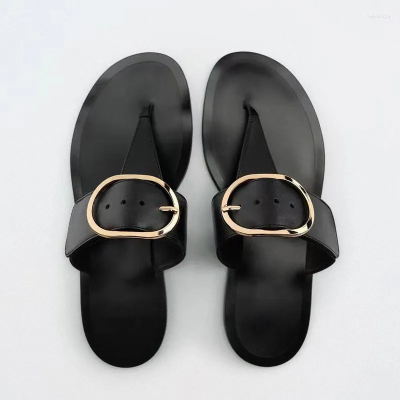 Chinelos 2023 Verão Preto Couro Feminino Slides Ouro Fivela Thong Toe Plana Casual Sandálias Deslizamento Mulher Plus Size 42