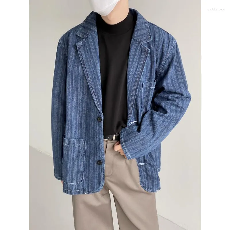 Trajes de hombre Blazers Hombres Traje suelto Cuello Chaqueta de mezclilla a rayas Hombre Primavera Otoño Un solo pecho Manga larga Casual Jeans Abrigo