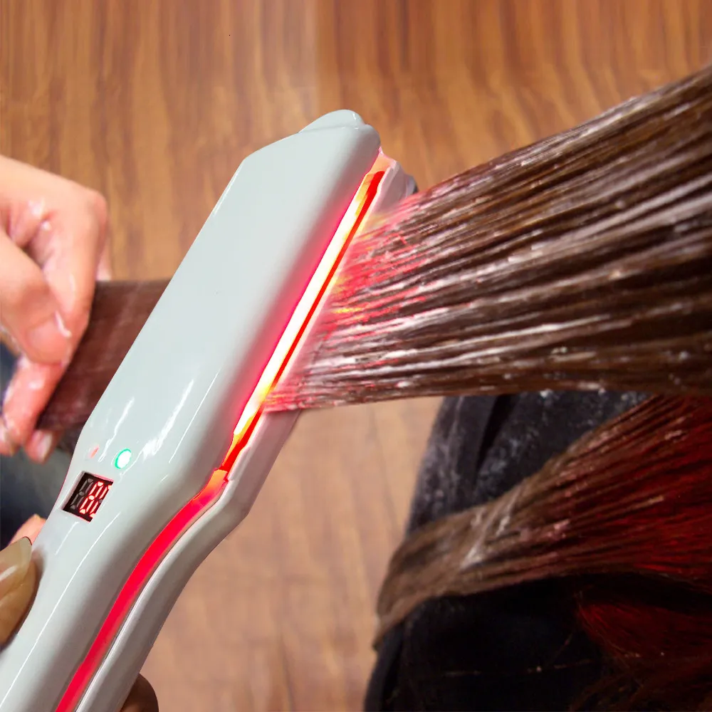 Prostownicze włosów Profesjonalna zimna prostownica w podczerwieni i ultradźwiękowe leczenie Salon Salon leczenie puszystego sucha odzyskują uszkodzenia płaskiego żelaza LED 230620