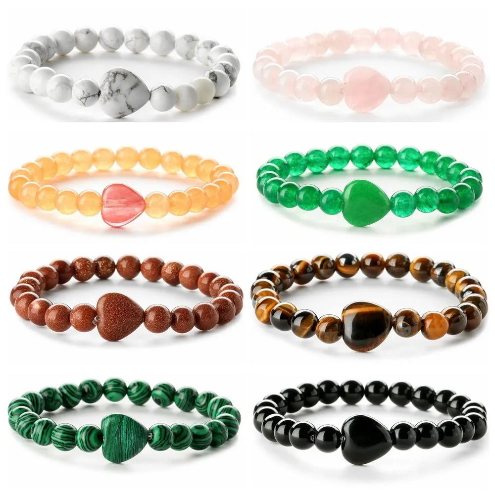 Pulseras de piedra natural con forma de corazón de 8 mm Ojo de tigre Brazaletes de cuarzo rosa Pulsera para mujer Joyería de yoga