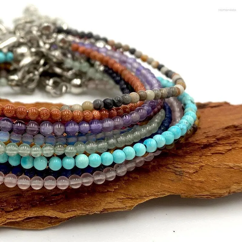 Lien Bracelets Chaîne Pierre Naturelle Cristal À La Main 2 MM Ronde Perle Bracelet Pour Les Femmes Chakras Bohême Super Fine Superposé GiftLink