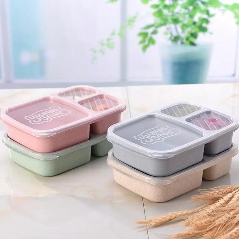 Dinnerware Sets Portable Storage Container Wheat Straw Bento Box Student Sanitary 3 Grid Microwave Environmental Protection Without Spa