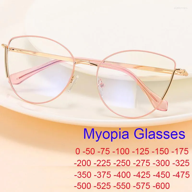 Óculos de sol Anti-azul claro Metal Óculos de olho de gato Miopia Óculos de computador para mulheres Óculos de prescrição para míope